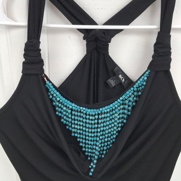 Black Mini Dress w/ Draped Neck & Beaded Accents - Picture 3 of 8